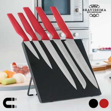 Cuțite de bucătărie cu suport magnetic Bravissima Kitchen (6 piese) - Roșu + livrare la doar 1 RON